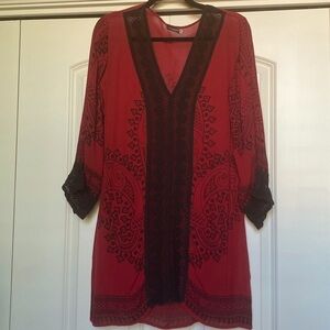 EARTHBOUND Bohemian Long Tunic Blouse Womens S Lace crochet Sheer Red/Black Goth
